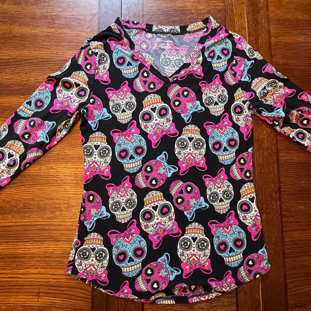 Women’s Junior Y2k Halloween Mexican Sugar Skull Colorful Super Soft Top Large - Picture 3 of 11